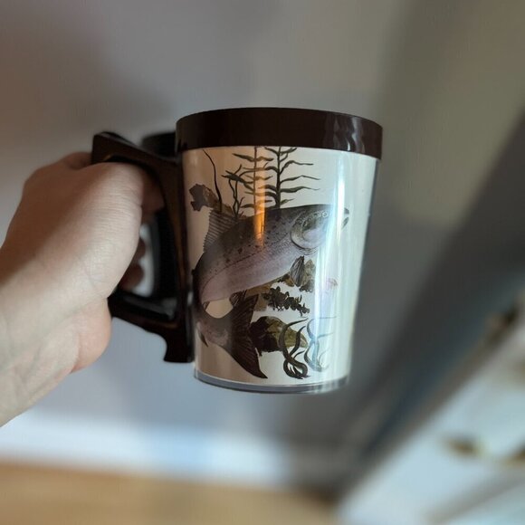 Vintage Fish Mug Fishing Flambeau Brown Cream Lake Trout Bluegill Crappie Perch - Picture 1 of 9